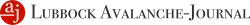 The logo consists of a red circle on the far left containing two white lowercase letters "a" and "j" arranged diagonally, with a white line extending from the left edge of the circle with the "a" above and the "j" to its right. To the circle's right are the black words "Lubbock Avalanche-Journal" in serif and with the lowercase letters stylized to appear majuscule.