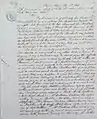 Page 1 of a covering letter from Luis Vernet requesting the commander of British squadron in the South Atlantic pass correspondence to Lt Smith.  The letter requests the disbursement of the property of victims of the Gaucho murders of August 1834.