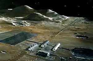 A Lunar base with a mass driver (the long structure that goes toward the horizon). NASA conceptual illustration