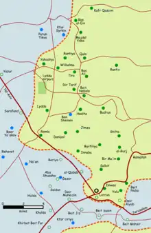 Palestinian villages depopulated in the area around Lydda and Ramla (coloured in green)