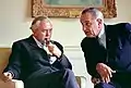 Prime Minister Harold Wilson and President Lyndon B. Johnson conversing at the White House, 1966