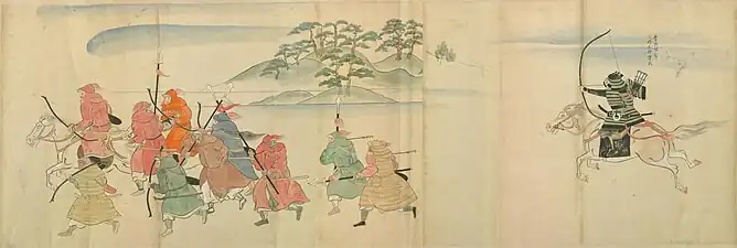 Samurai Mitsui Sukenaga (right) defeating the Mongolian invasion army (left)