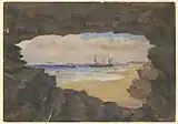 Painting of a shipwreck through a cave mouth