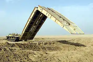 An M60A1 Armored Vehicle Launched Bridge, deploying its scissors-type bridge.