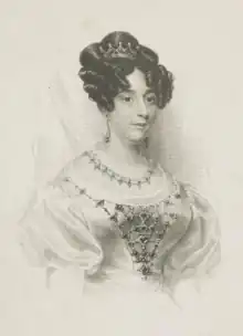 Engraving of a bejeweled woman in a Victorian dress