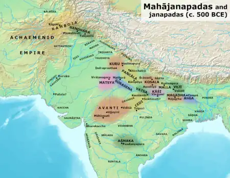 The Mahajanapadas in the post-Vedic period. Buli was located close to the north of Magadha.