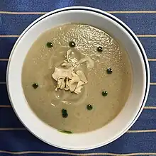 A bowl of Jerusalem artichoke soup at a French restaurant in California.