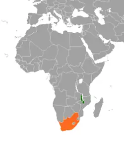 Map indicating locations of Malawi  and  South Africa