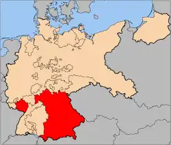 The location of the Free People's State of Bavaria (in red) shown with the rest of the Weimar Republic (in beige).