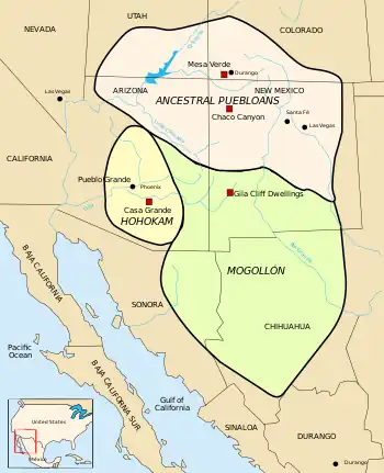 Map of Ancient Pueblo People (Anasazi) regions, including the northern Mesa Verde region and the southern Chaco Canyon region.