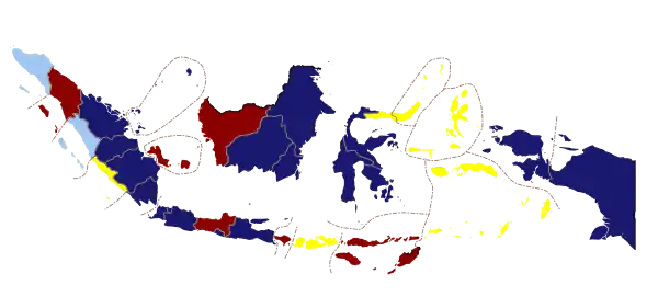 Dark blue denotes those won by Yudhoyono/Kalla, red denotes provinces won by Megawati/Hasyim, yellow denotes provinces won by Wiranto/Wahid,light blue denotes provinces won by Rais/Siswono.