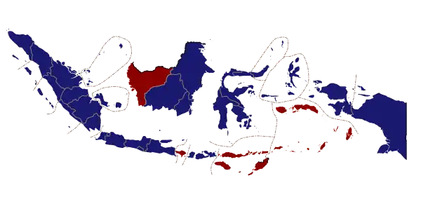 Dark blue denotes those won by Yudhoyono/Kalla, red denotes provinces won by Megawati/Hasyim.