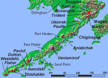 Aniakchak is on a chain of volcanoes in Alaska and the Aleutians, between Chiginagak and Veniaminof