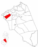 Moorestown Township highlighted in Burlington County. Inset map: Burlington County highlighted in New Jersey.