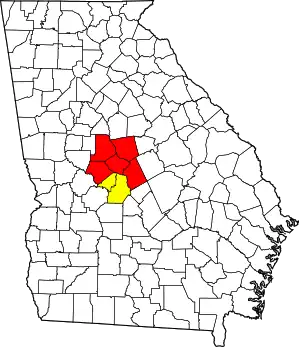 Locator map of the Macon-Warner Robins-Fort Valley Combined Statistical Area in central Georgia.