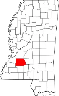 Map of Mississippi highlighting Copiah County