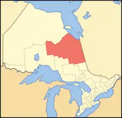 Location of Cochrane District in Ontario in Red.