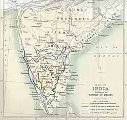 Mysore is shown in west-central peninsular India with the Madras Presidency bordering it on the east, west, and south, with the Arabian Sea, Indian Ocean, and the Bay of Bengal surrounding the peninsula, and with Sri Lanka in the vicinity to the south-east