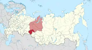 Tyumen Oblast, including the Khanty-Mansi Autonomous Okrug and Yamalo-Nenets Autonomous Okrug (pink)