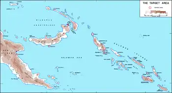 The Solomon Islands. "The Slot" (New Georgia Sound) runs down the center of the islands, from Bougainville and the Shortlands (center) to Guadalcanal (lower right)