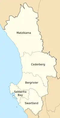 From north to south, the West Coast District Municipality contains the Matzikama, Cederberg, Bergrivier, Saldanha Bay and Swartland local municipalities