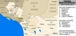 The intricate southern border area of the Duchy at the end of 1815, following the acquisition of the former imperial fiefdoms of Lunigiana.