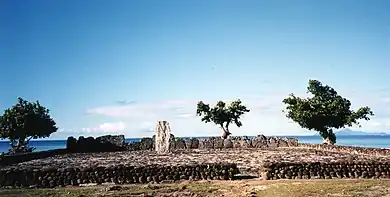 View of the ancient marae at the archaeological complex of Taputapuatea, restored in 1994