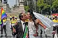 A gay man and a transvestite kissing in a demonstration, Mexico City