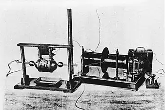 Guglielmo Marconi's spark gap transmitter, with which he performed the first experiments in practical Morse code radiotelegraphy communication in 1895–1897