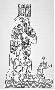 9th century BCE depiction of the Statue of Marduk, with his servant dragon Mušḫuššu at his feet. This was Marduk's main cult image in Babylon.