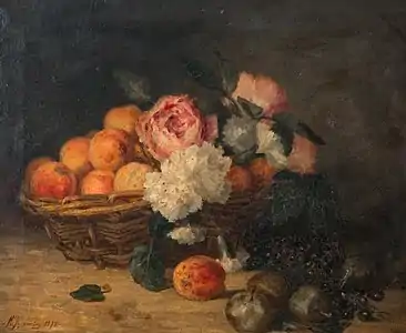 Still life with a basket of plums, peaches, black currants and peonies, circa 1900