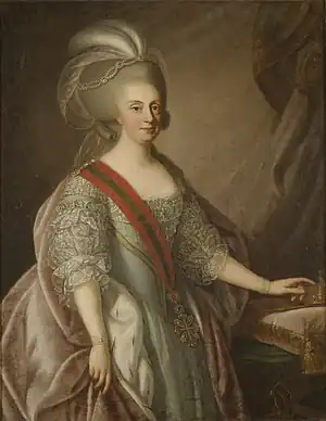 Maria I of Portugal in a c. 1790s portrait attributed to Giuseppe Troni or Thomas Hickey.