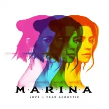 Three headshots of Marina Diamandis appear in various colors and are layered atop each other horizontally.