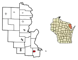 Location of Peshtigo in Marinette County, Wisconsin.