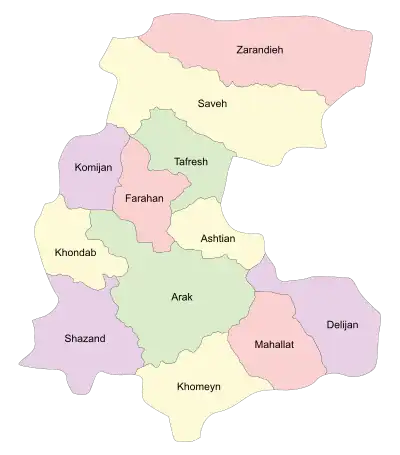 Location of Khondab County in Markazi province (left, yellow)