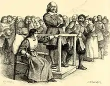 Mary Walcott accusing Giles Corey, illustration by John W. Ehninger, to accompany the play "Giles Corey of the Salem Farms" by Henry Wadsworth Longfellow, in The Complete Poetical Works of Henry Wadsworth Longfellow, Boston, Houghton, 1902