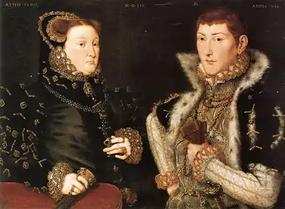 Mary Nevill or Neville, Baroness Dacre, and her son Gregory Fiennes, 10th Baron Dacre, 1559, by Hans Eworth