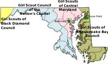 Map of Maryland with counties showing the different Girl Scout Councils