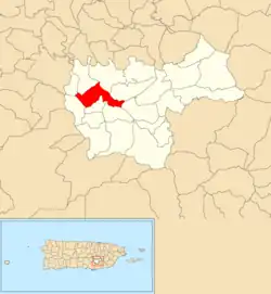 Location of Matón Arriba within the municipality of Cayey shown in red