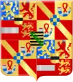 The coat of arms used by Maurice showing the county of Moers (top left center and bottom right center) and his mother's arms of Saxony (center): 78