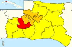 San Antonio de las Vegas (red) in San José de las Lajas (orange) in Mayabeque (yellow)