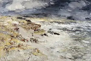 Painting of a sea shore in a rough weather.