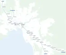 Geographic map showing the planned rapid transit corridor created by the Metro Tunnel at its full extent, including the Airport Link and short extension to Pakenham East.