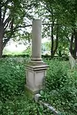 Column memorial in long grass.