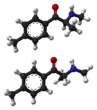 The two enantiomers of mephedrone: The potentially more potent S form is above the R form.