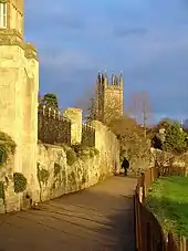 Dead Man's Walk at the northern side of Merton Field with Merton College on the left and Magdalen Tower in the distance.