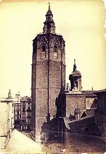 detailed line drawing of the Miguelete Tower by J. Laurent done in 1870.