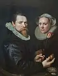 Double Portrait of a Husband and Wife with Tulip, Bulb, and Shells oil on panel painting by Michiel Jansz. van Mierevelt, 1609