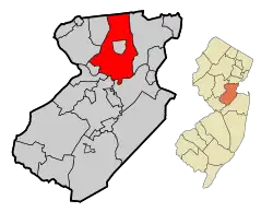 Location of Edison in Middlesex County highlighted in red (left). Inset map: Location of Middlesex County in New Jersey highlighted in orange (right).