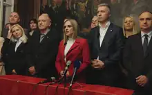 Milica Đurđević Stamenkovski, Boško Obradović, and ten other Dveri and SSZ politicians giving a press conference at the Republic Electoral Commission on 4 November 2023